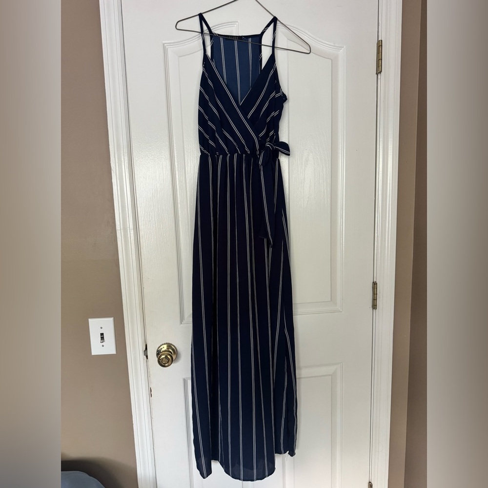 Elegant Navy and White Striped Maxi Dress